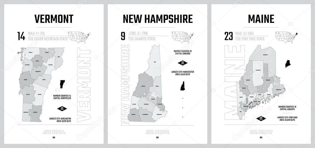 Highly detailed vector silhouettes of US state maps, Division United States into counties, political and geographic subdivisions of a states, New England - Vermont, New Hampshire, Maine - set 1 of 17