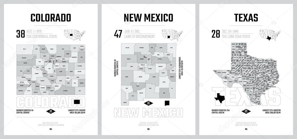 Highly detailed vector silhouettes of US state maps, Division United States into counties, political and geographic subdivisions of a states, Mountain and West South Central - Colorado, New Mexico, Texas - set 13 of 17