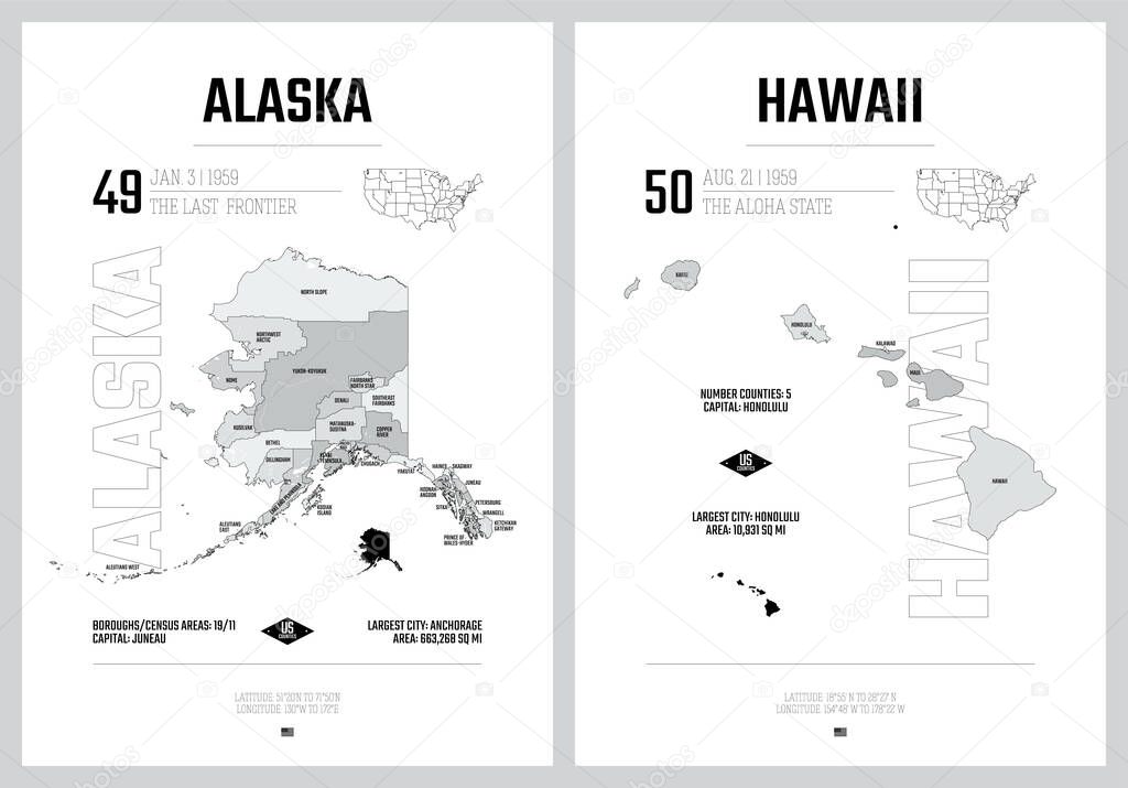 Highly detailed vector silhouettes of US state maps, Division United States into counties, political and geographic subdivisions of a states, Pacific - Alaska, Hawaii - set 17 of 17