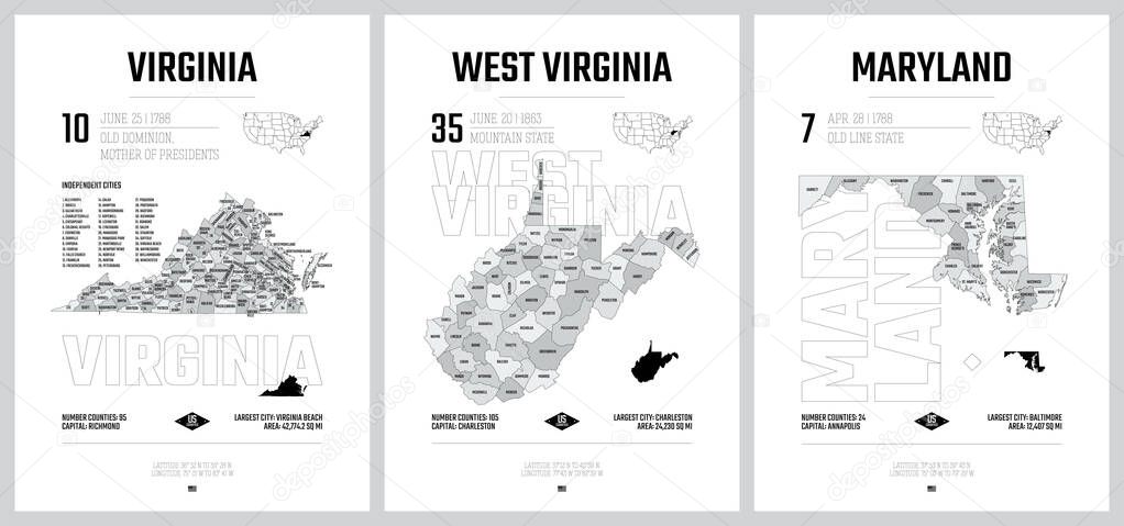 Highly detailed vector silhouettes of US state maps, Division United States into counties, political and geographic subdivisions of a states, South Atlantic - Virginia, West Virginia, Maryland - set 8 of 17