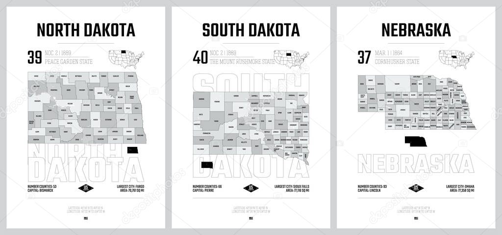 Highly detailed vector silhouettes of US state maps, Division United States into counties, political and geographic subdivisions of a states, West North Central - North Dakota, South Dakota, Nebraska - set 7 of 17