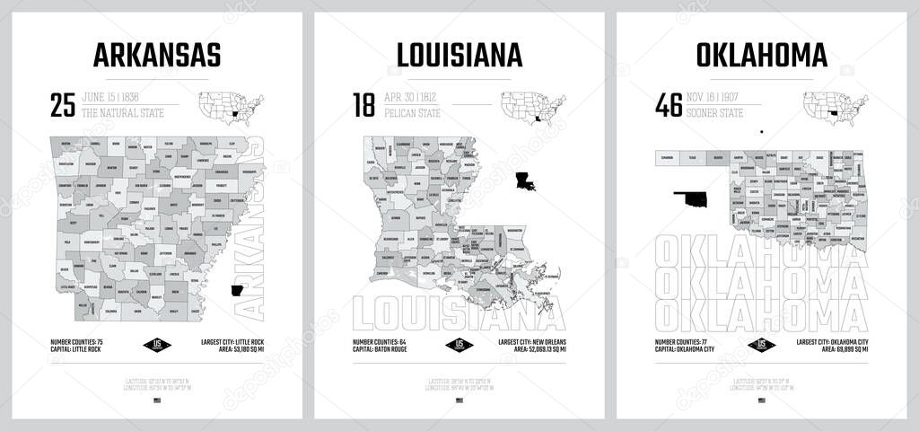 Highly detailed vector silhouettes of US state maps, Division United States into counties, political and geographic subdivisions of a states, West South Central - Arkansas, Louisiana, Oklahoma - set 12 of 17
