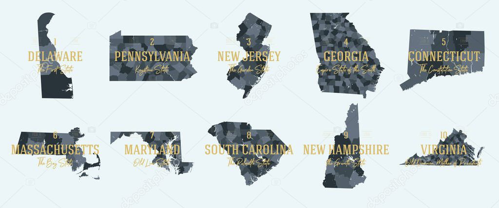 Set 1 of 5 Division United States into counties, political and geographic subdivisions of a states, Highly detailed vector maps with names and territory nicknames