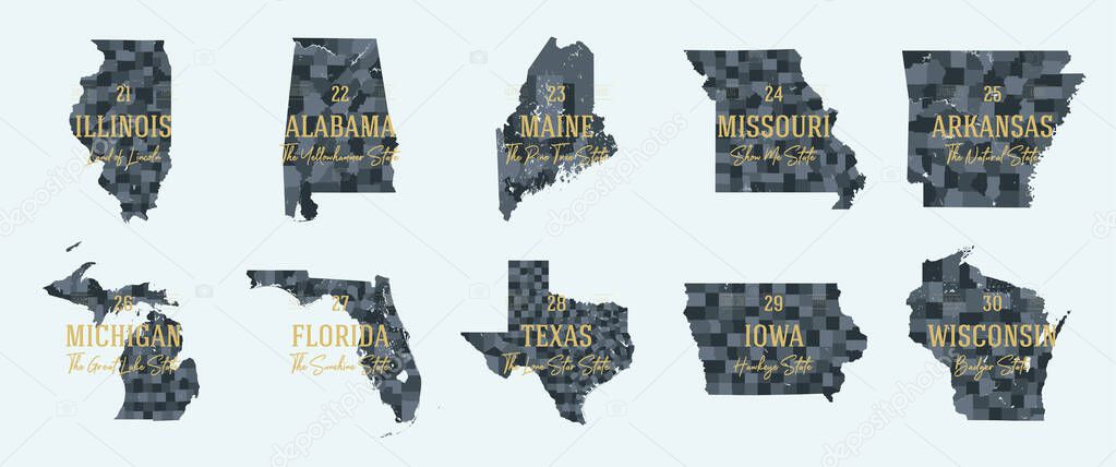 Set 3 of 5 Division United States into counties, political and geographic subdivisions of a states, Highly detailed vector maps with names and territory nicknames