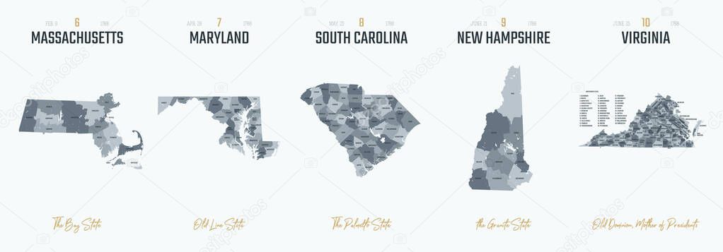 Vector set 2 of 10 Highly detailed silhouettes of US state maps, divided into counties with names and territory nicknames
