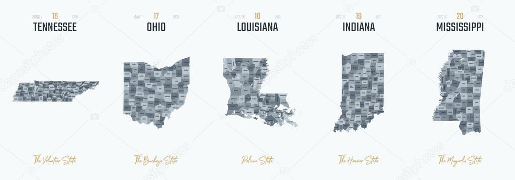 Vector set 4 of 10 Highly detailed silhouettes of US state maps, divided into counties with names and territory nicknames