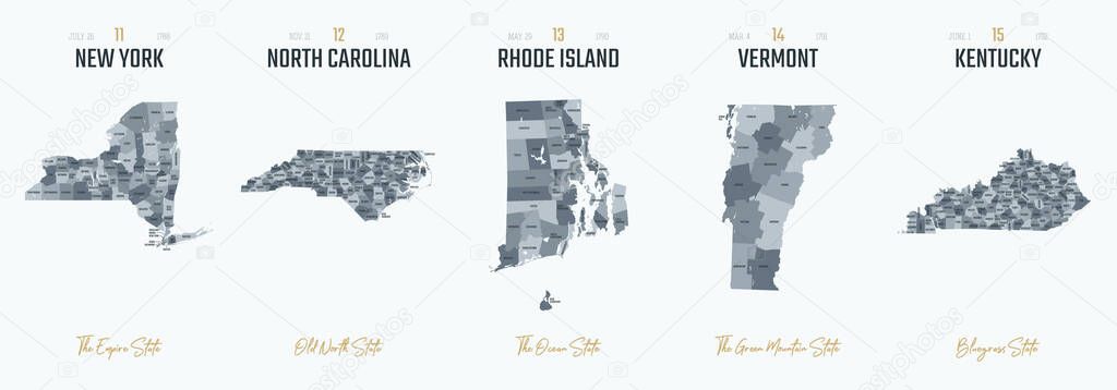 Vector set 3 of 10 Highly detailed silhouettes of US state maps, divided into counties with names and territory nicknames