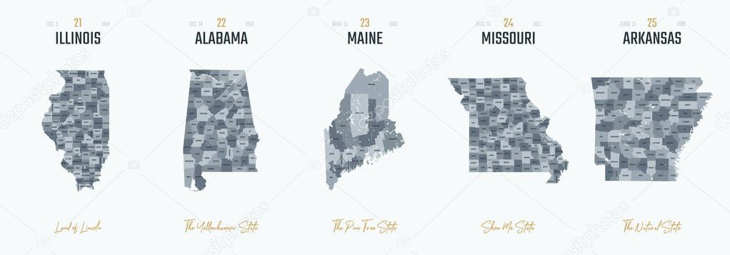 Vector set 5 of 10 Highly detailed silhouettes of US state maps, divided into counties with names and territory nicknames