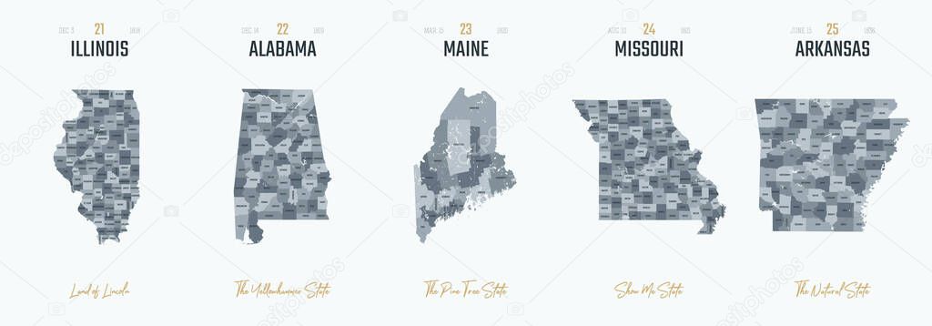 Vector set 5 of 10 Highly detailed silhouettes of US state maps, divided into counties with names and territory nicknames