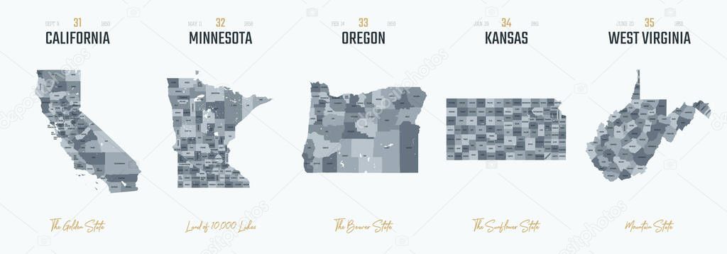 Vector set 7 of 10 Highly detailed silhouettes of US state maps, divided into counties with names and territory nicknames