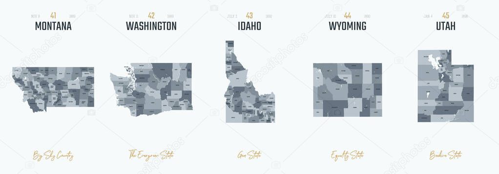 Vector set 9 of 10 Highly detailed silhouettes of US state maps, divided into counties with names and territory nicknames