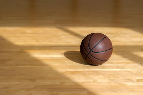 Profesyonel Kahverengi Deri Top Gölgeli Basketbol Sahası Ahşap Zemini Yatay — Stok fotoğraf