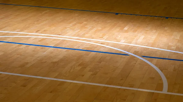 木製の床バスケットボール バドミントン フットサル ハンドボール バレーボール サッカー サッカーコート 木製の床室内 ジムコート上の青と白の線をマークするスポーツホールの木製の床 — ストック写真