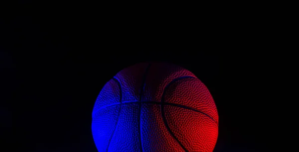 Basketball Ball Isolated Dark Background Blue Neon Banner Horizontal Sport — Stock Photo, Image