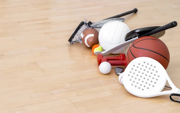 Sports Equipment Rackets Balls Hardwood Court Floor Horizontal Education Sport — Stock Photo, Image