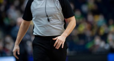 Basketbol hakemi arka planda düdük çalıyor. Yatay spor temalı poster, tebrik kartları