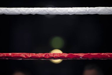 Bulanık spot ışıklarıyla boks ringinin ipleri. Yatay spor temalı poster, tebrik kartları, başlıklar, web sitesi ve uygulama. Profesyonel spor konsepti.