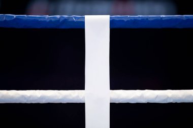 Bulanık spot ışıklarıyla boks ringinin ipleri. Yatay spor temalı poster, tebrik kartları, başlıklar, web sitesi ve uygulama. Profesyonel spor konsepti.