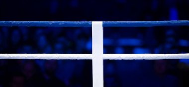 Boks, Muay Thai ve spot ışıklarıyla kickboks ringleri. Dikey spor temalı poster, tebrik kartları, başlıklar, web sitesi ve uygulama. Profesyonel spor konsepti.