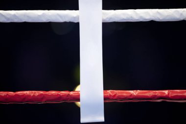 Bulanık spot ışıklarıyla boks ve yüzük ipleri. Dikey spor temalı poster, tebrik kartları, başlıklar, web sitesi ve uygulama. Profesyonel spor konsepti.