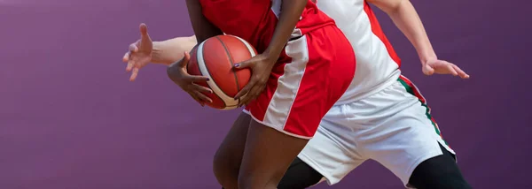 Jogadores Profissionais Basquete Com Bola Ação Conceito Desporto Feminino Horizontal — Fotografia de Stock