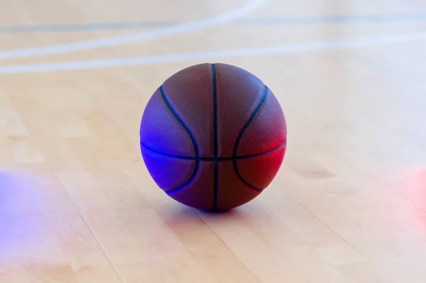 Basketball Hardwood Court Floor Neon Lighting Blue Neon Banner Horizontal — Stock Photo, Image