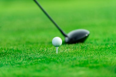Yeşil çimlerin üzerinde golf topu. Spor temalı arka plan. Yatay spor temalı poster, tebrik kartları, başlıklar, web sitesi ve uygulama