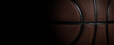 Basketbol topu dokusunun yakın plan detayları. Yatay spor temalı poster, tebrik kartları, başlıklar, web sitesi ve uygulama