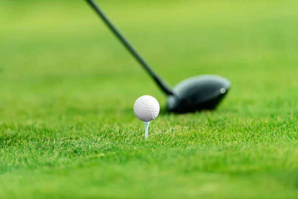 Balle Golf Blanche Bâton Sur Herbe Verte Affiche Sport Horizontale — Photo