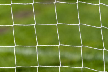Hokey sahası, futbol, yeşil çimlerin ve bulanık stadyumun üzerinde lakros ağı. Yatay spor posteri, tebrik kartları, başlıklar, web sitesi