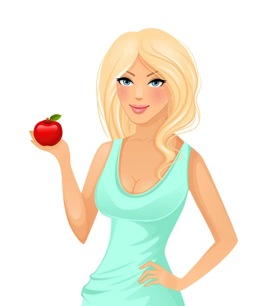 Hermosa mujer rubia con manzana roja — Vector de stock