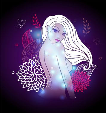 Kızla birlikte soyut arkaplan parlaklığının vektör illüstrasyonu