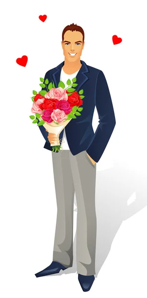 Ilustración vectorial del hombre con ramo de rosas — Archivo Imágenes Vectoriales