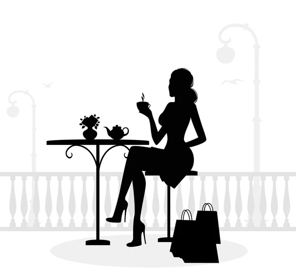 Silhouette of beautiful woman in cafe — Stock Vector