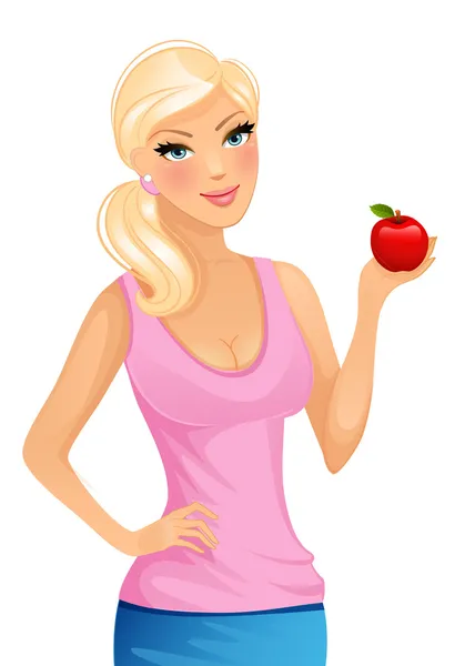 Kırmızı elma ile güzel sarışın kadın — Stok Vektör
