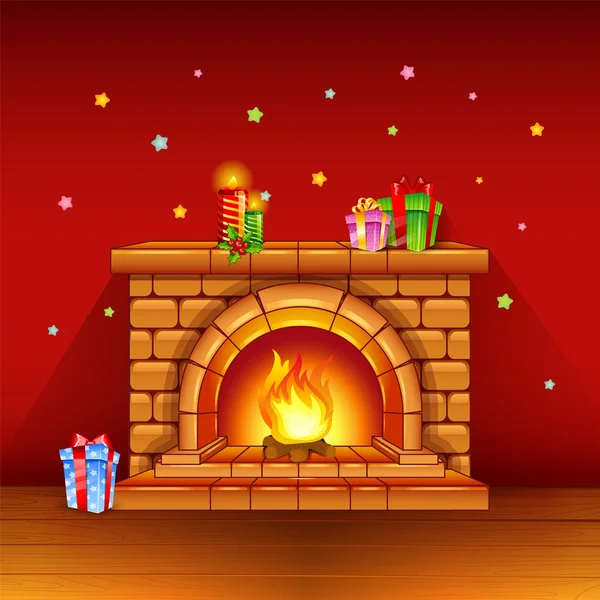 Fireplace with candles and gifts on red background — Stock Vector