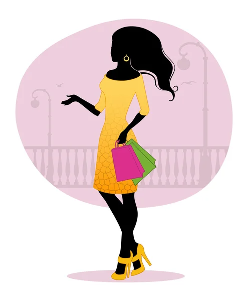 Silueta de mujer con bolsas — Vector de stock