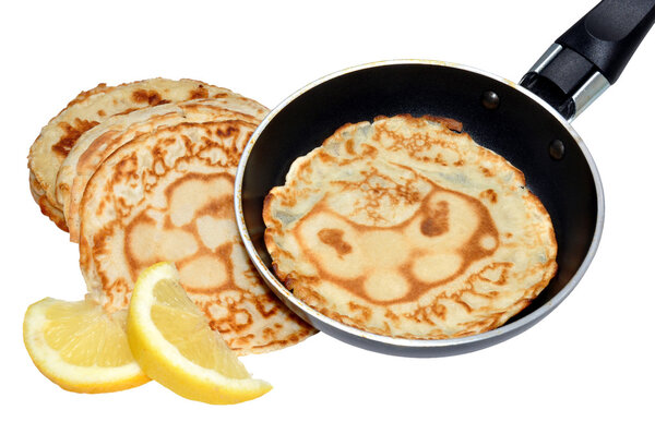 Fresh Pancakes And Frying Pan Royalty Free Stock Photos