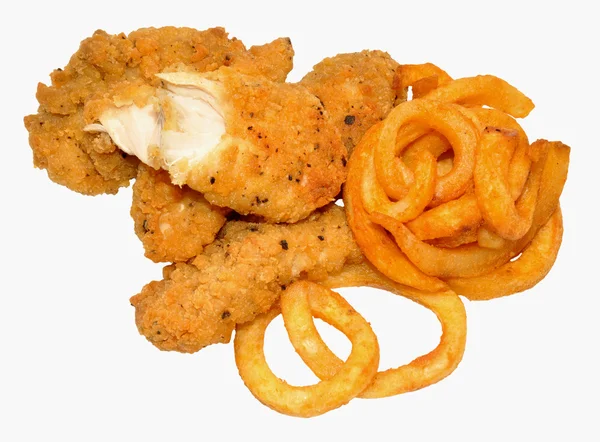 Pollo fritto del sud e patatine fritte ricce — Foto Stock