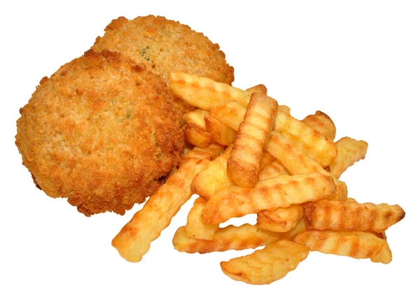 Fishcakes And Crinkle Cut Chips — Stock Photo, Image