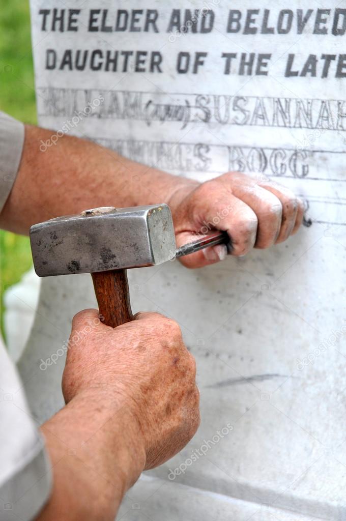 Stonemason Engraving Marble Gravestone