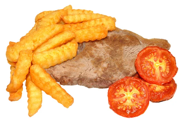 Biefstuk en chips met gegrilde tomaten — Stockfoto