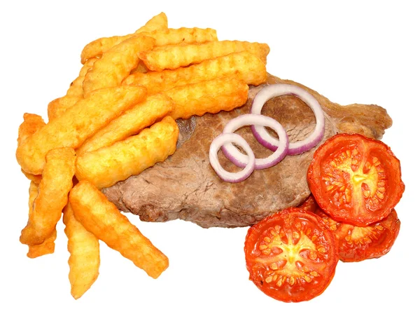 Steak And Chips With Grilled Tomatoes — Stock Photo, Image