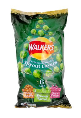 Stockport, United Kingdom, December 28th, 2019, Walkers potato crisps special edition multipack Christmas flavours including Brussels sprouts, turkey and stuffing and pigs in blankets, isolated on a white background