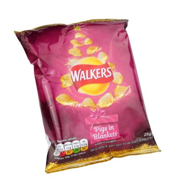 Stockport, United Kingdom, December, 28th, 2019, Walkers potato crisps special Christmas edition pigs in blankets flavour, isolated on a white background