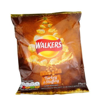 Stockport, United Kingdom, December, 28th, 2019, Walkers potato crisps special Christmas edition turkey and stuffing flavour, isolated on a white background