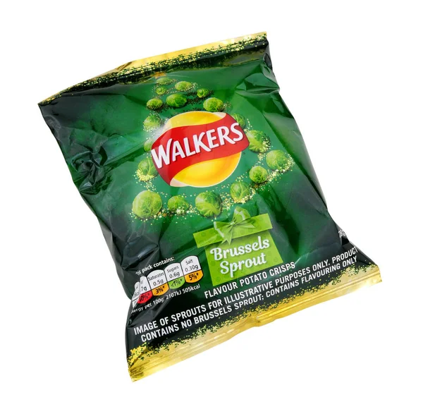Stockport, United Kingdom, December, 28th, 2019, Walkers potato crisps special Christmas edition Brussels sprout flavour, isolated on a white background