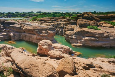 Hat Chom Dao ya da Kaeng Chom Dao 'nun Mekong nehrindeki bir manzarası, Tayland' ın Ubon Ratchathani ilinde yer almaktadır.