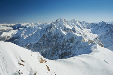 Fransa 'nın Chamonix Mont Blanc vadisinde Aiguille du Midi' nin tepesindeki manzara