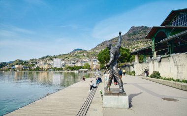 Montreux, Switzerland - April 12, 2022: Statue of Freddie Mercury, the British singer of the rock band name Queen, locates on the waterfront of Lake Geneva in Montreux, Switzerland.